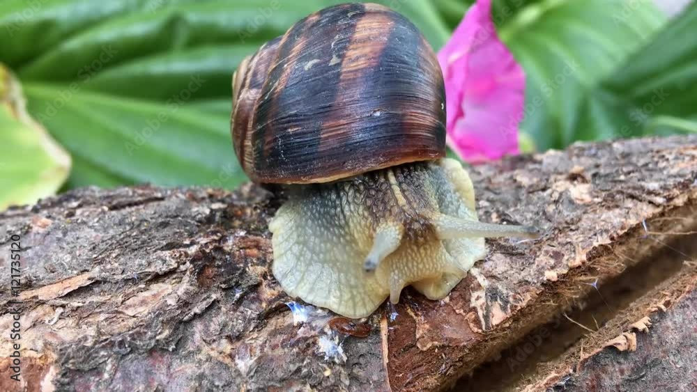 Snail on a log space probes his mustache, close-up Snail on a log space probes his mustache, close-up