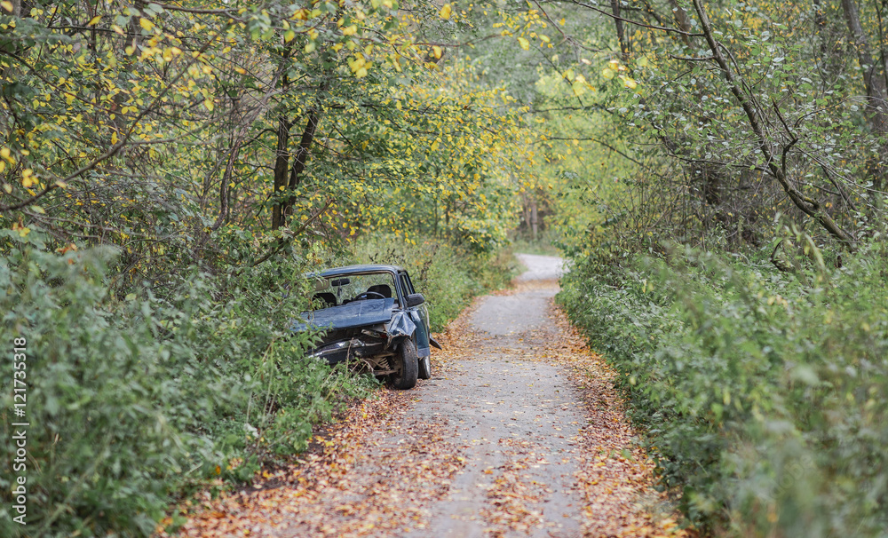 Car crash in the autumn forest Car crash in the autumn forest