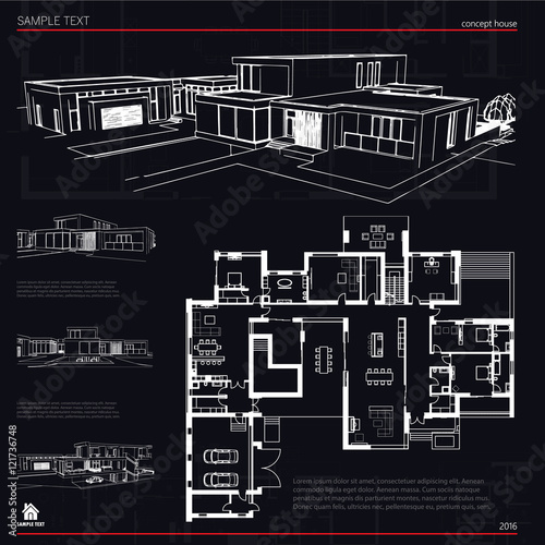 Wireframe blueprint drawing of 3D building, house. Vector architectural template background.