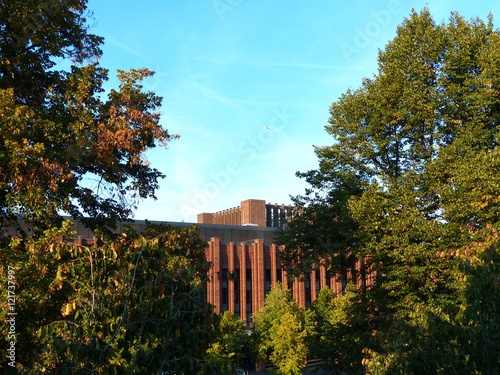 Messehalle mit Fassade aus rotbraunem Backstein hinter hohen Bäumen vor blauem Himmel im Sonnenschein im Stadtteil Deutz in Köln am Rhein in Nordrhein-Westfalen photo