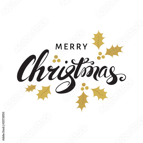 Merry Christmas card with hand lettering and golden sprigs of h