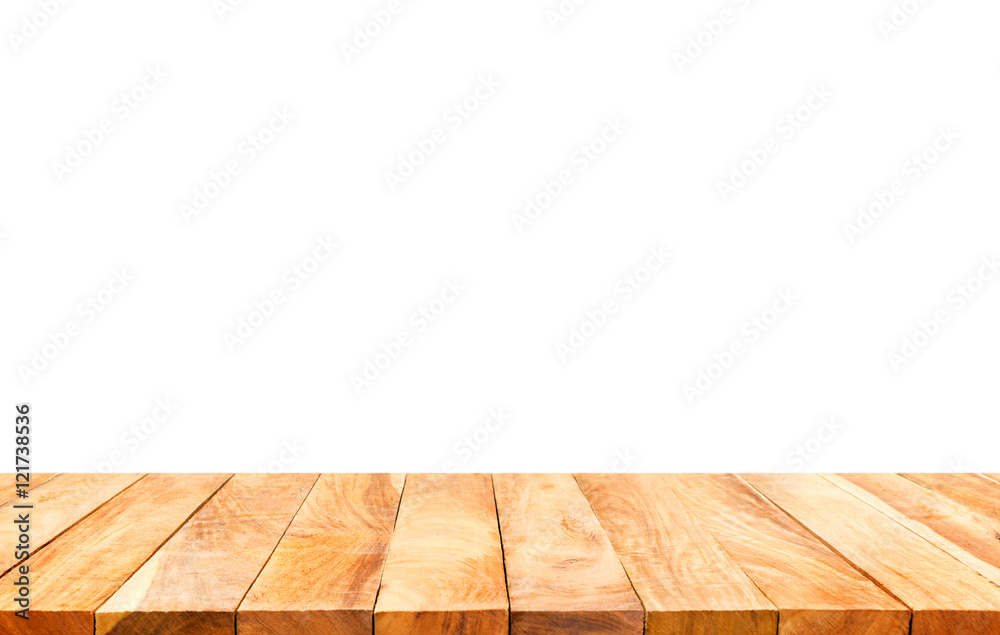 Wood table top on white background.