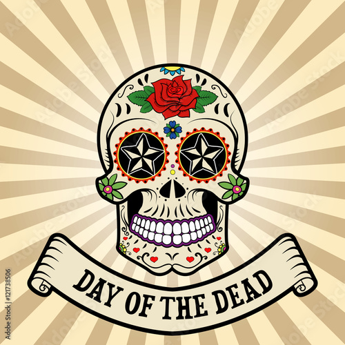 day of the dead. dia de los muertos.  Sugar skull on vintage bac