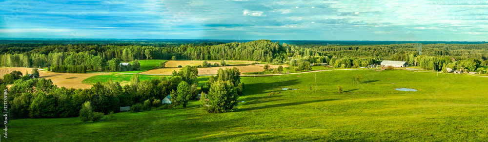 Countryside panorama of green field
