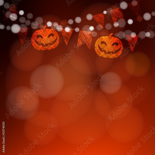 Halloween or Dia de los muertos greeting card, invitation. Party string decoration, pumpkins, flags and lights. Banner, vector.