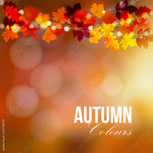 Autumn, fall card, banner. Garden party decoration. String of polygonal oak, maple leaves, lights. Modern vector illustration
