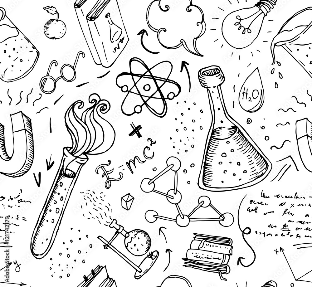 Fotografie Back to School: science lab objects doodle vintage style sketche