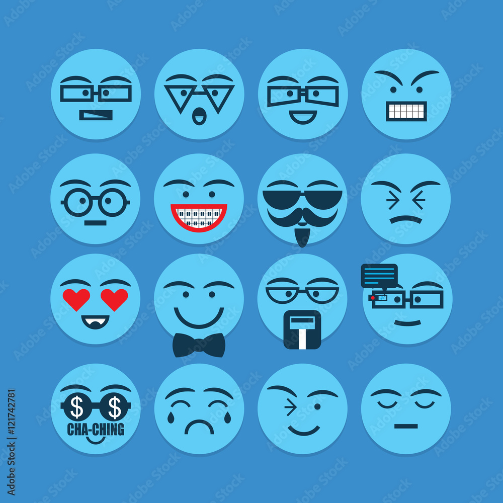 Cute blue emoticons set - Conceptual and emotional round faces icons for designs