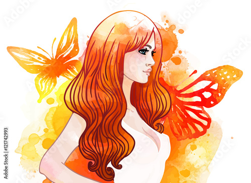 Amazing watercolor background with pretty girl and butterfly