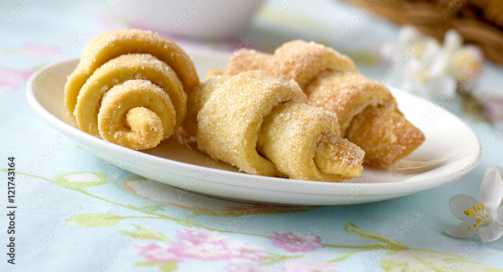 Breakfast with fresh croissants cakes Breakfast with fresh croissants cakes