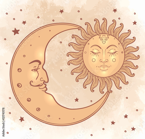 Sun and moon. Illustration in vintage style.