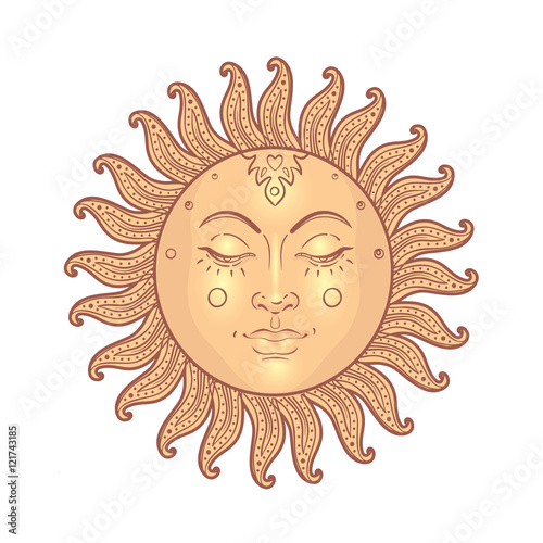Golden Sun. Vector illustration in vintage engraving style