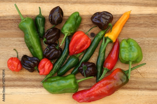  a colorful mix of the hottest chili on wood background