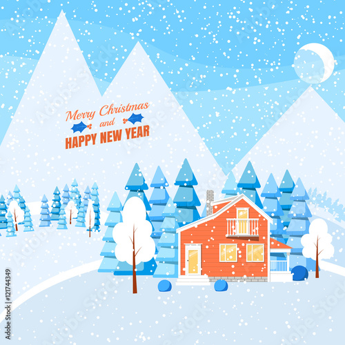 Winter horizontal landscape banner Flat style © Yuliia Osadcha