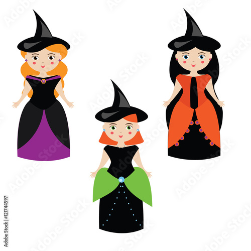 Cartoon cute witches characters in dresses and hats. Girls in carnival halloween costumes