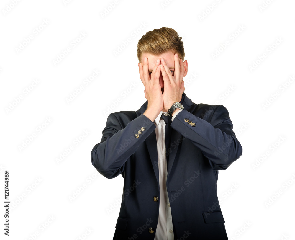 Young businessman in despair covers his face by hands. Crisis concept. Young businessman in despair covers his face by hands. Crisis concept.