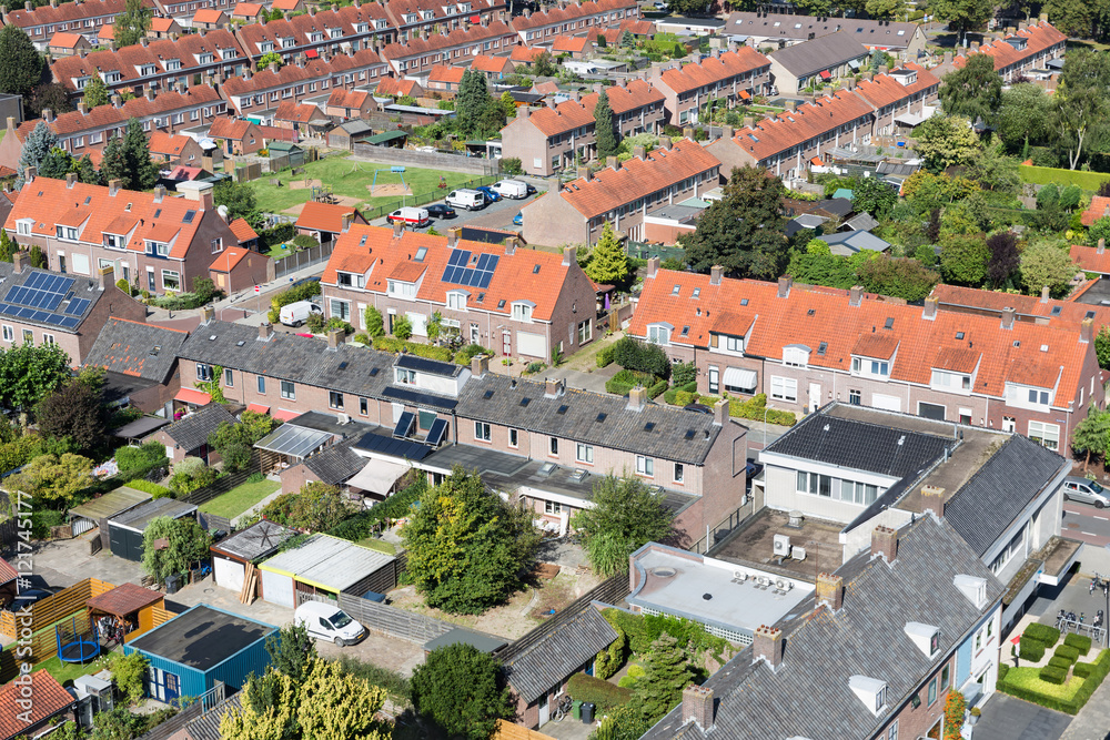 Aerial view family houses with backyards in Emmeloord, The Netherlands