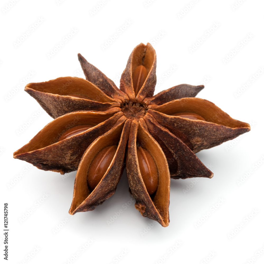 Fototapeta premium Star anise spice fruit and seeds isolated on white background cl