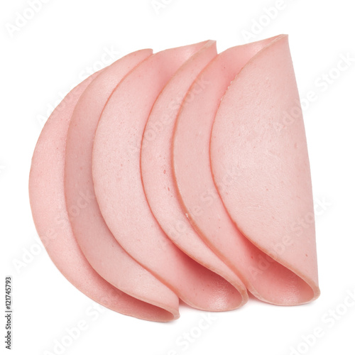 Fotografija cooked boiled ham sausage or rolled bologna slices isolated on w