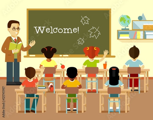 Different school children and teacher at class lesson in flat style