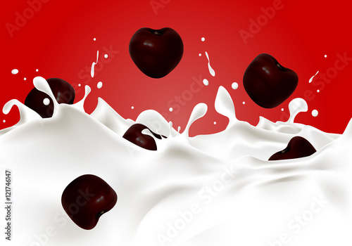 Ripe cherries falling into milk