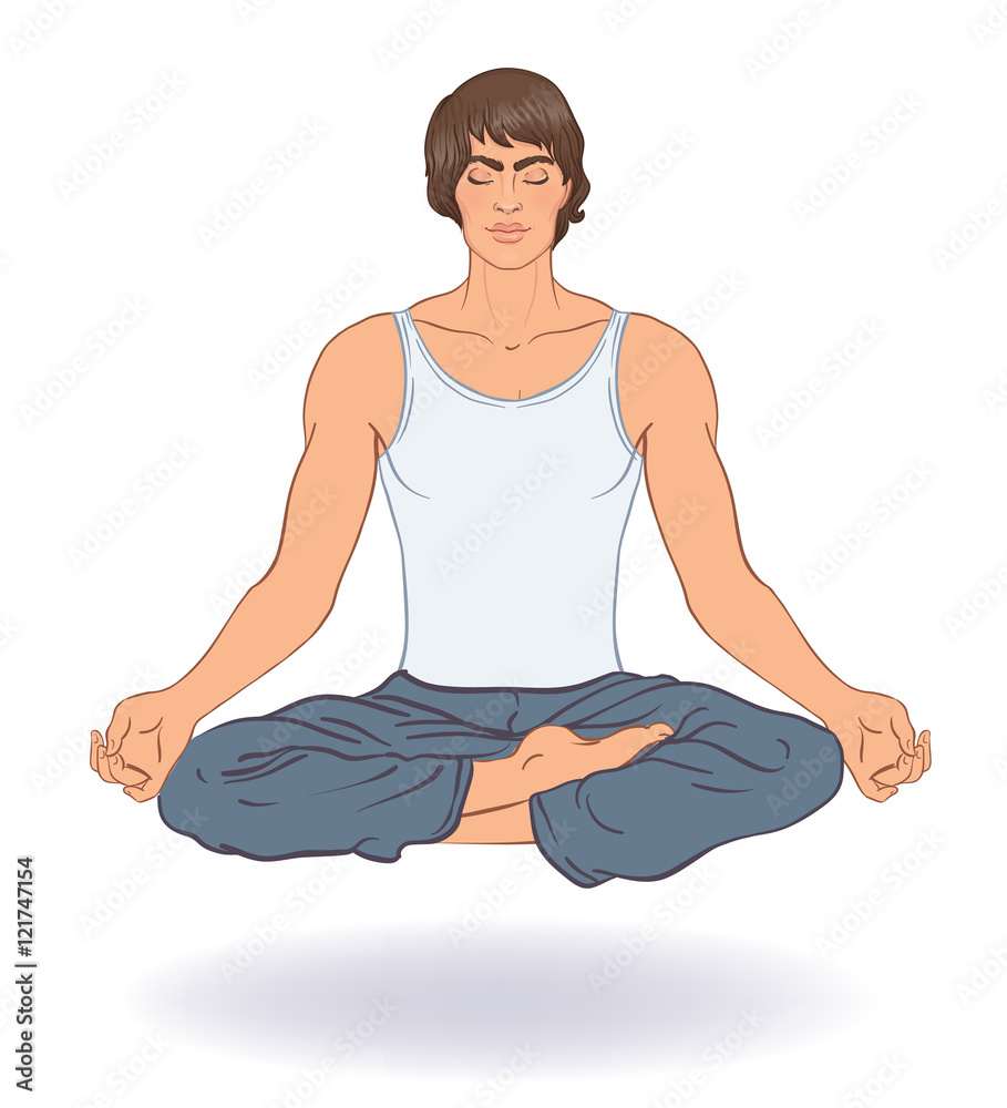 Beautiful Caucasian Man sitting in Lotus pose with ornate mandal Beautiful Caucasian Man sitting in Lotus pose with ornate mandal