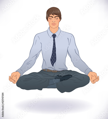 Beautiful Caucasian Man sitting in Lotus pose with ornate mandal