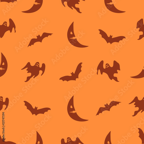 Vector orange Halloween background with ghosts  bats and moon. Seamless holiday pattern.