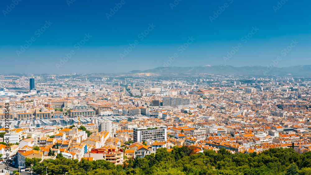 Urban panorama, aerial view, cityscape of Marseille, France.