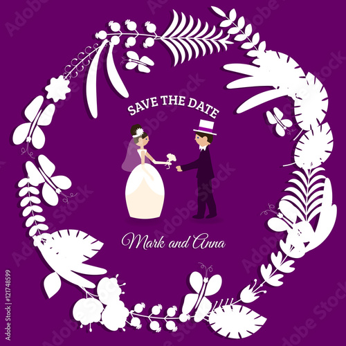 card for wedding invitations or wedding, save the date, with the figures of the bride and groom, vector, pattern, vintage, elegant, refined