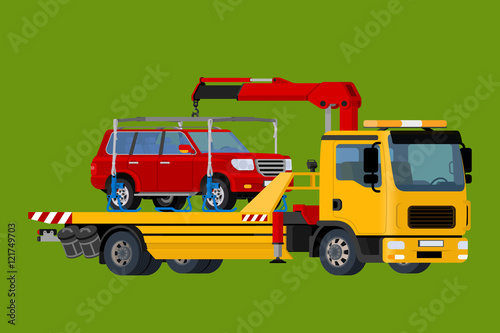 Car towing truck, evacuator Online, roadside assistance   , Business and Service Concept, Flat 3d vector isometric illustration.