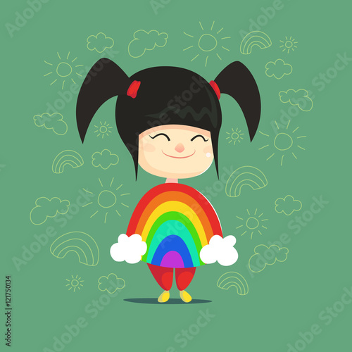 Cute little girl rainbow costume Flat Isolated Vector Cartoon Style