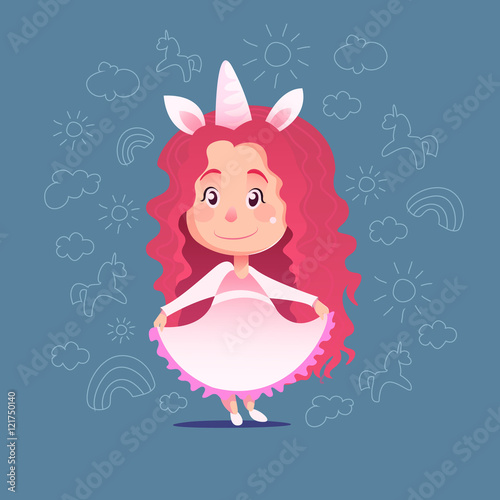 Cute little girl unicorn costume Flat Isolated Vector Cartoon Style