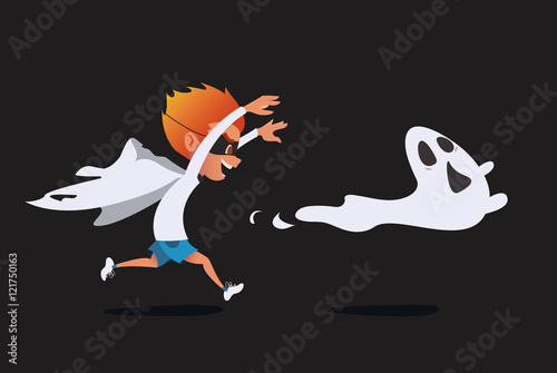 Cute kid in a ghost costume pursuing  real spook