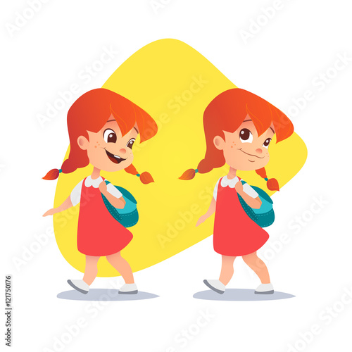 Funny red-haired little girl going with a backpack.