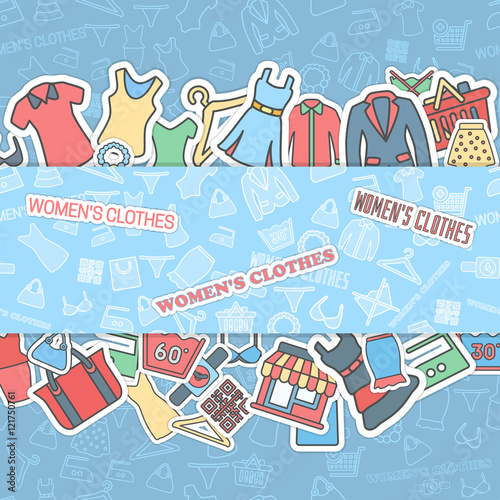Fashion styles collection banners set, Many object purchased in the shop. Shopping background concept. In flat thin lines outline style icons with shop label design illustration.