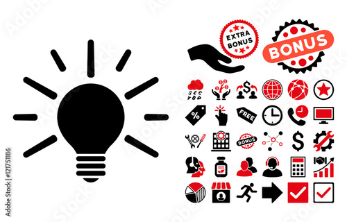 Light Bulb pictograph with bonus clip art. Vector illustration style is flat iconic bicolor symbols, intensive red and black colors, white background.