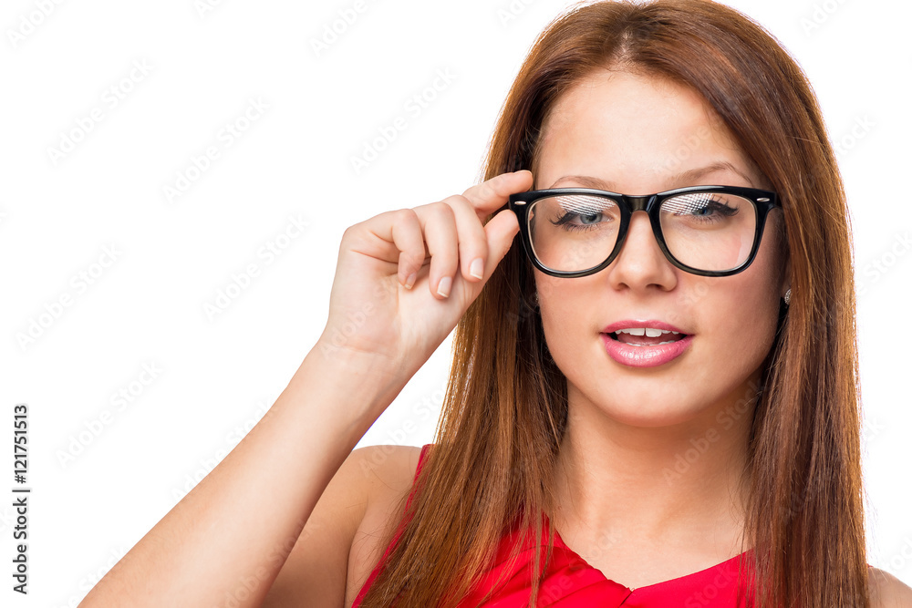 horizontal portrait of charming brunette in glasses on a white b horizontal portrait of charming brunette in glasses on a white b