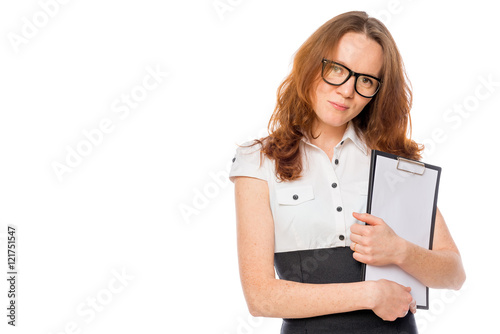 businesswoman with folders and space for inscription on the left
