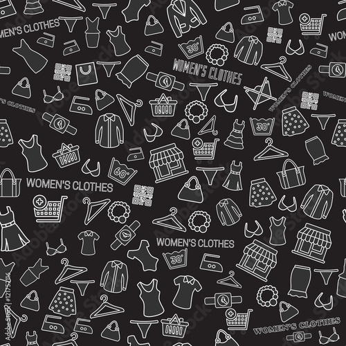  seamless pattern  Many object purchased in the shop. Shopping  background concept. In flat thin lines outline style icons with shop 