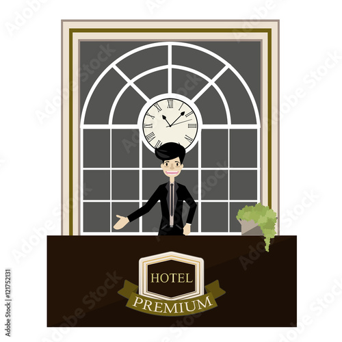 Receptionist standing at hotel luxury reception desk cartoon vector