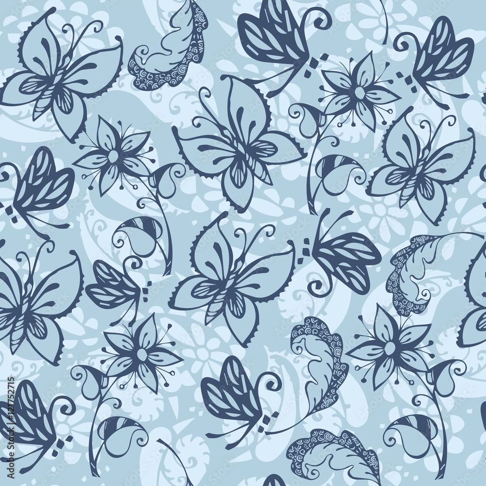 Vector flower pattern. Seamless  texture, detailed flowers and butterflies illustrations.  Floral pattern in doodle style, spring floral background.