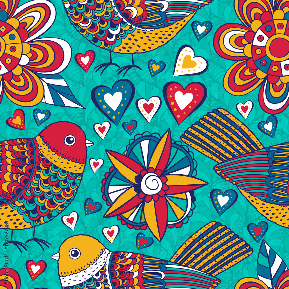 Vector flower pattern. Seamless texture, detailed birds, flowers, leaves illustrations. Floral pattern in doodle style, spring floral background. Vector flower pattern. Seamless texture, detailed birds, flowers, leaves illustrations. Floral pattern in doodle style, spring floral background.