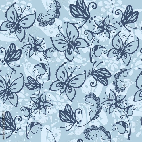 Vector flower pattern. Seamless texture, detailed flowers and butterflies illustrations. Floral pattern in doodle style, spring floral background.