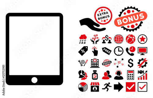 Mobile Tablet icon with bonus pictures. Vector illustration style is flat iconic bicolor symbols, intensive red and black colors, white background.