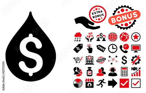 Money Drop icon with bonus clip art. Vector illustration style is flat iconic bicolor symbols, intensive red and black colors, white background.