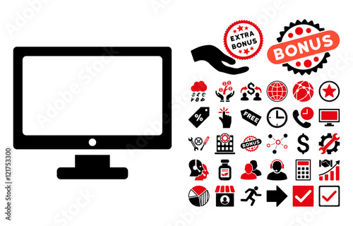 Monitor pictograph with bonus images. Vector illustration style is flat iconic bicolor symbols, intensive red and black colors, white background.