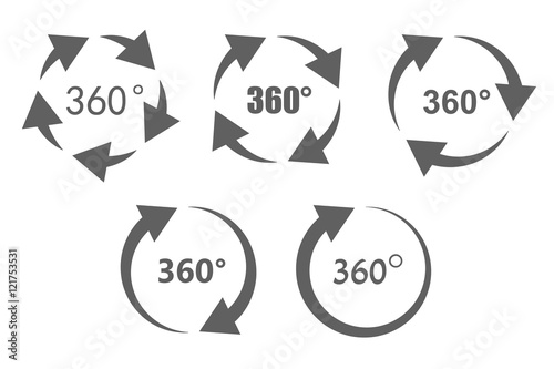 360 degree overview arrow icon set. Circular panorama photography icons. Used for virtual visit of popular place.
