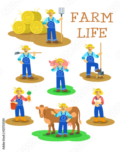 Farmers men and women working on farm. Farming characters standing in different poses. Vector flat illustration. Agrarian man figures with pitchfork, shovel, hoe, cow, pig. Woman with carrot and hen