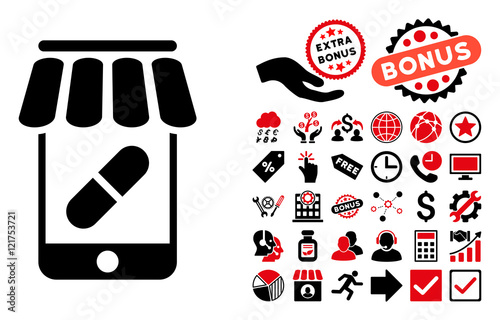 Online Pharmacy pictograph with bonus pictogram. Vector illustration style is flat iconic bicolor symbols, intensive red and black colors, white background.